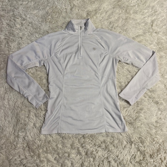Women’s Small White Ariat Long Sleeve Horseback Riding Sunshirt. Light staining. - Picture 1 of 6
